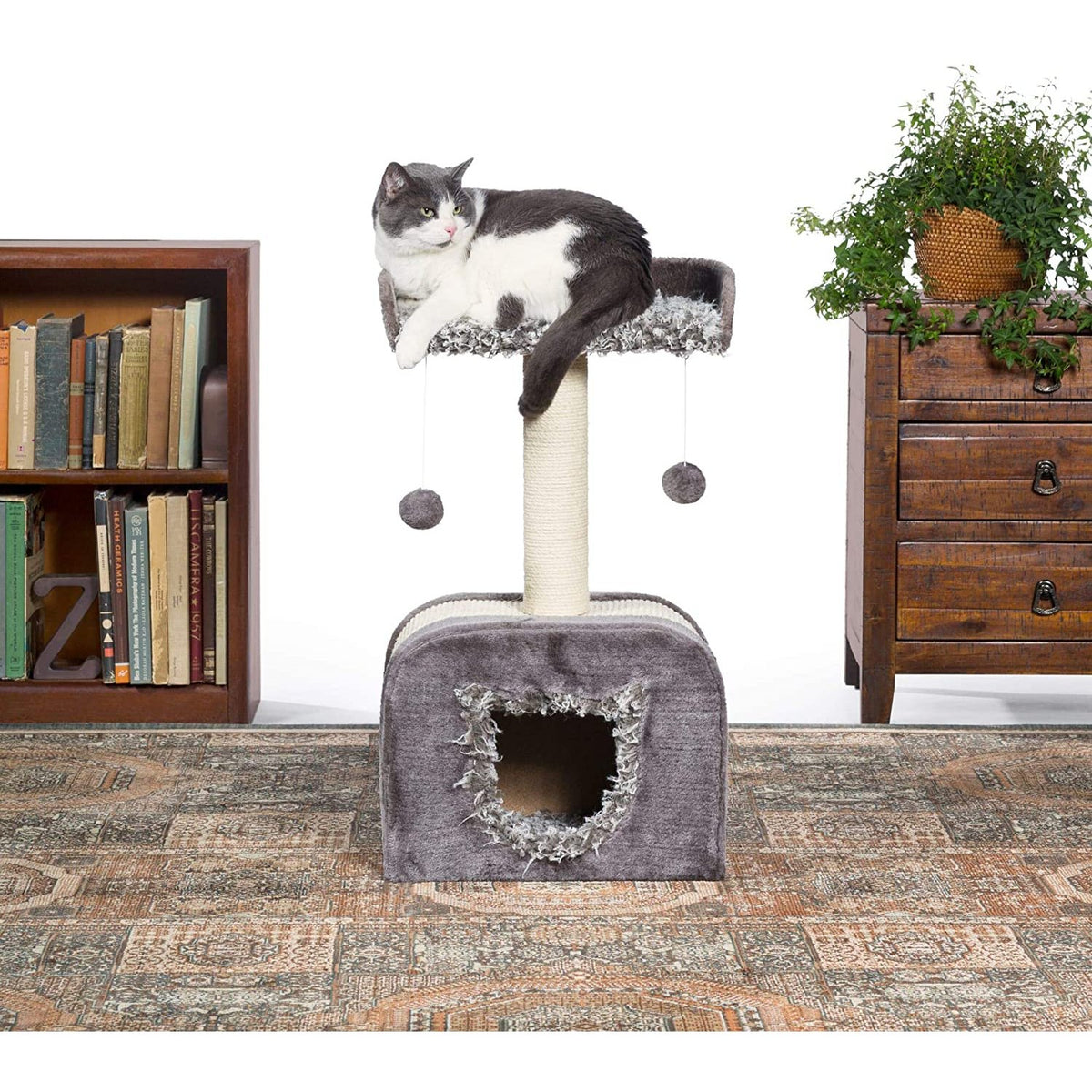 Prevue Pet Products Kitty Power Paws Shag Hideaway 7304 Gray Cat Tree with Shaggy Day Bed and Covered Den