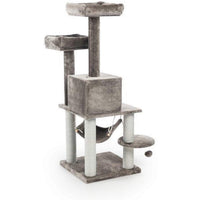 Prevue Pet Products Kitty Power Paws Party Tower 7310 Gray Cat Tree, 52 3/8" with Two Day Beds and Swing Hammock
