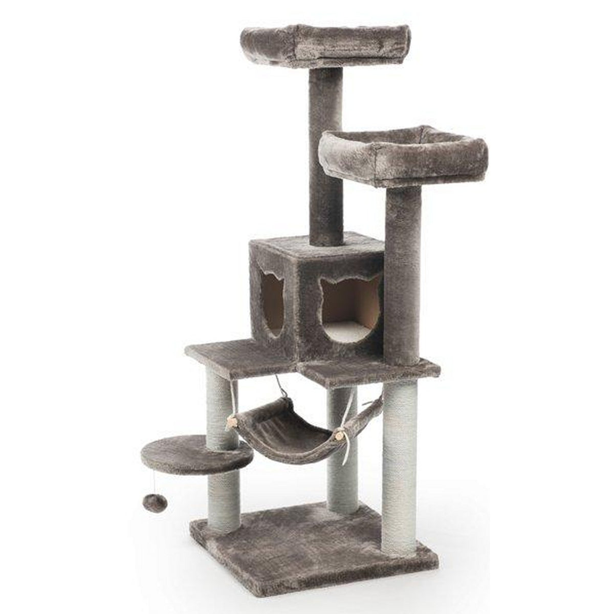 Prevue Pet Products Kitty Power Paws Party Tower 7310 Gray Cat Tree, 52 3/8" with Two Day Beds and Swing Hammock