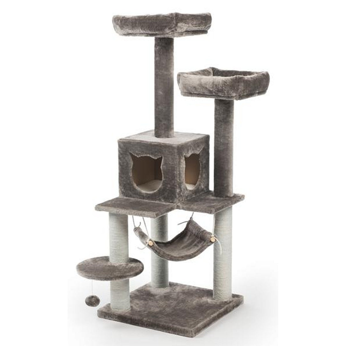 Prevue Pet Products Kitty Power Paws Party Tower 7310 Gray Cat Tree, 52 3/8" with Two Day Beds and Swing Hammock