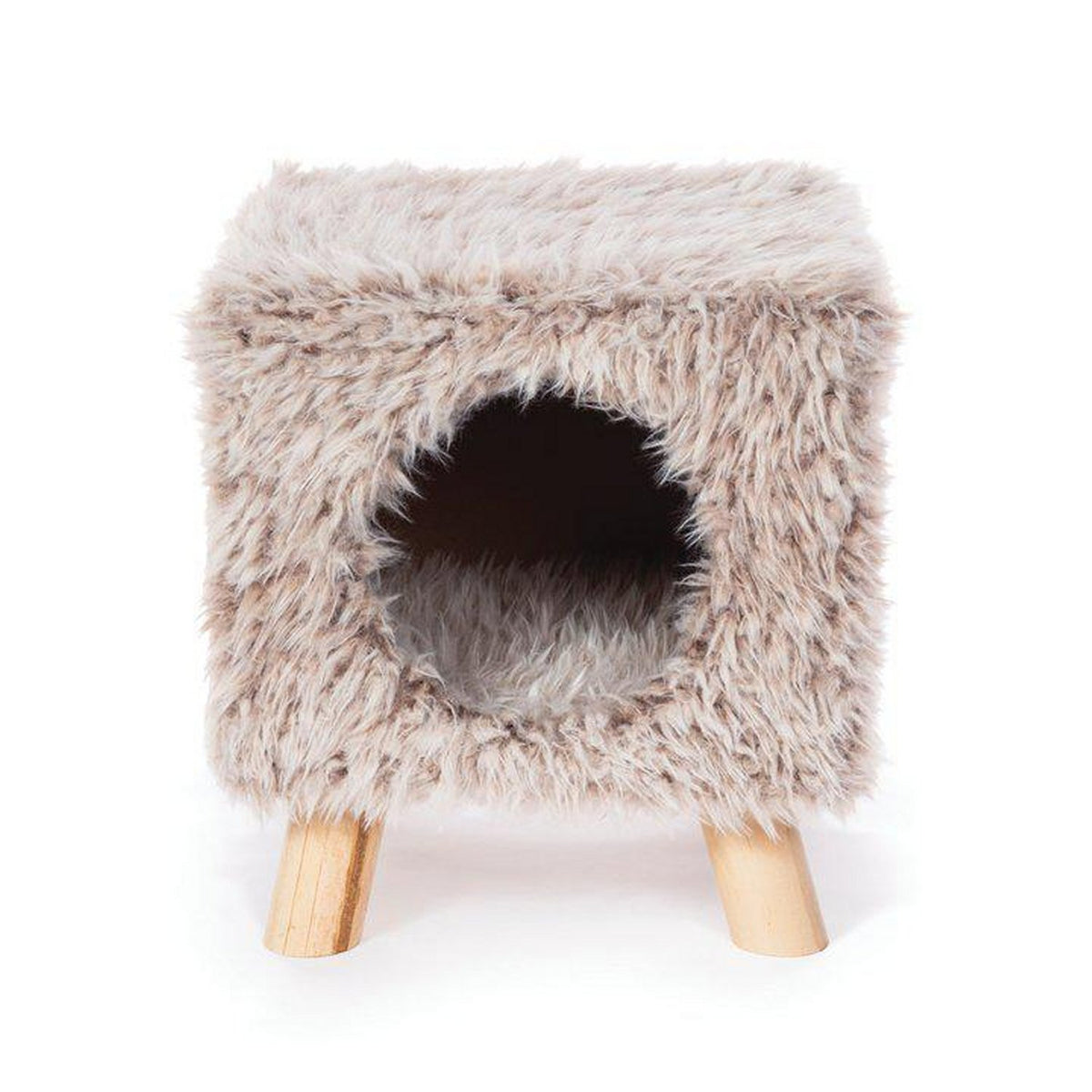 Prevue Pet Products Kitty Power Cozy Cube 7380 Frost Tan Shag Cat Hideaway on Wooden Legs, Holds 100 lb