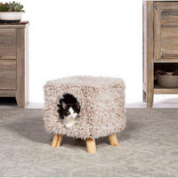 Prevue Pet Products Kitty Power Cozy Cube 7380 Frost Tan Shag Cat Hideaway on Wooden Legs, Holds 100 lb