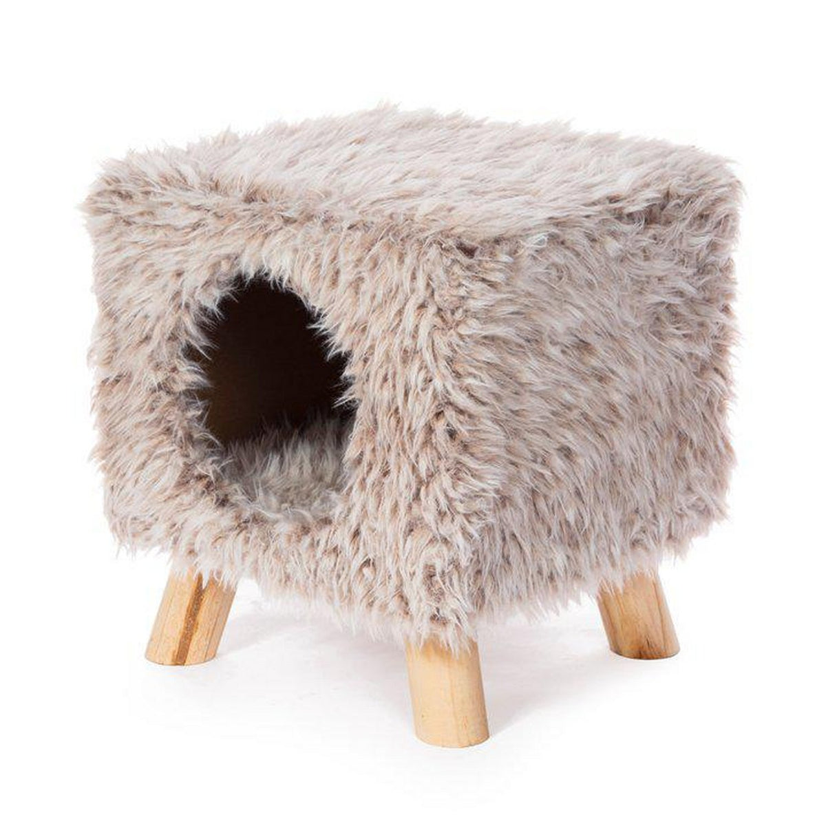 Prevue Pet Products Kitty Power Cozy Cube 7380 Frost Tan Shag Cat Hideaway on Wooden Legs, Holds 100 lb