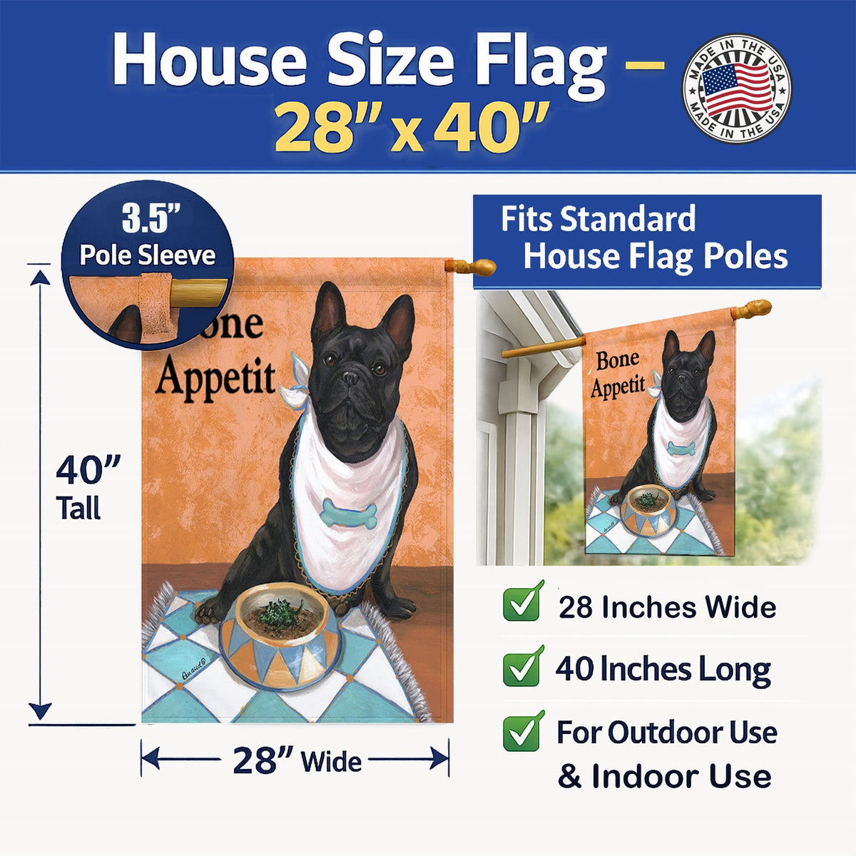 French Bulldog Bone Appetit House Flag 28x40 Porch Sleeve Pole Decorative Outside Yard Banner Artwork Wall Hanging, Polyester