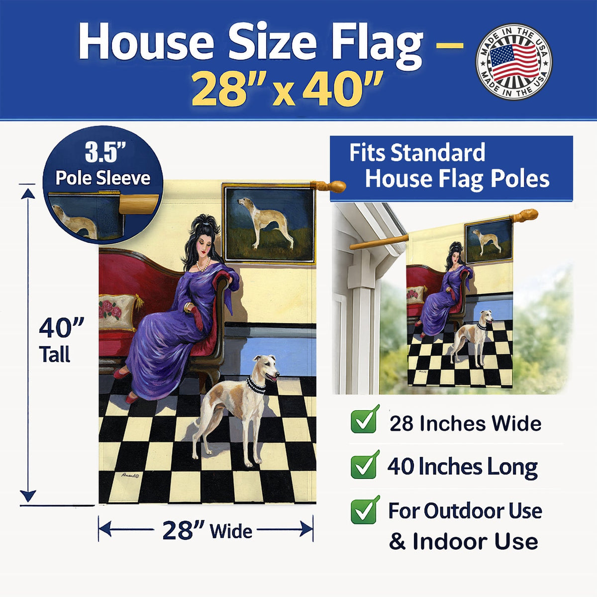 Whippet Elegance and Grace House Flag 28x40 Porch Sleeve Pole Decorative Outside Yard Banner Artwork Wall Hanging, Polyester