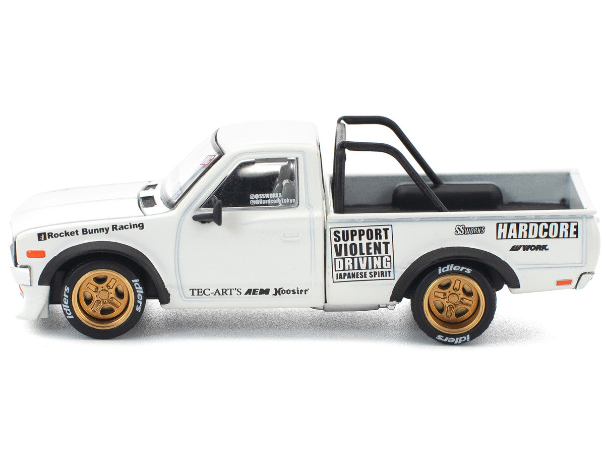 Datsun Pandem 620 Pickup Truck "Rocket Bunny Racing" White with Graphics 1/64 Diecast Model Car by Pop Race
