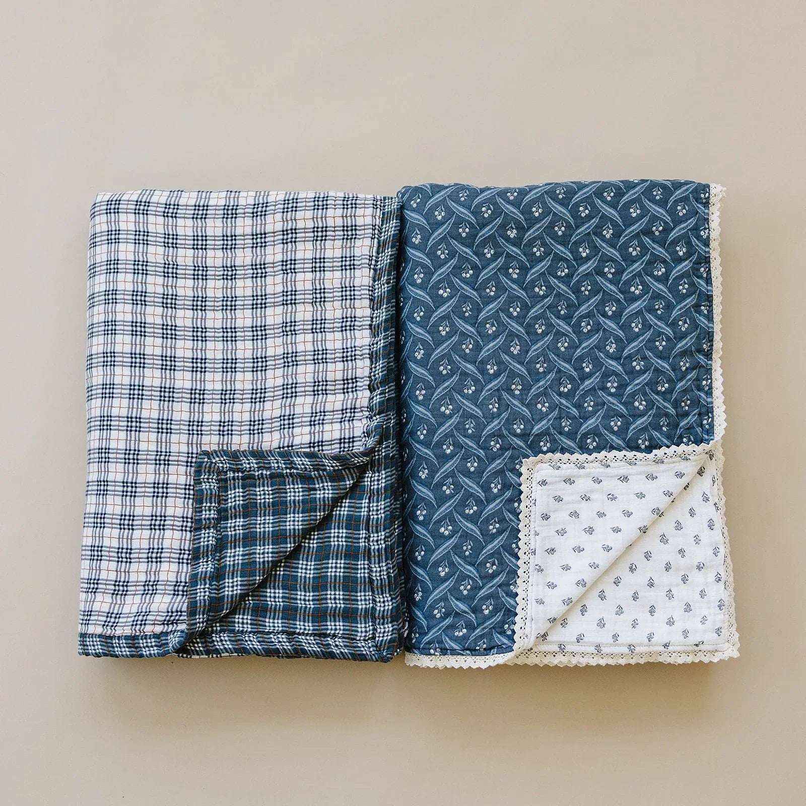 Navy Berry + Cream Berry Lace Twin Muslin Quilt - BIG FRENCHIES
