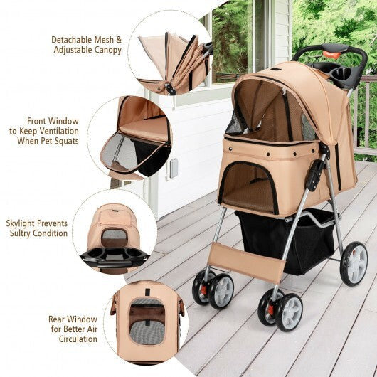 Folding Pet Stroller with Storage Basket and Adjustable Canopy-Navy
