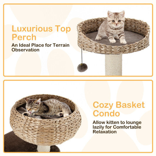 41 Inch Rattan Cat Tree with Napping Perch-Brown - Color: Brown