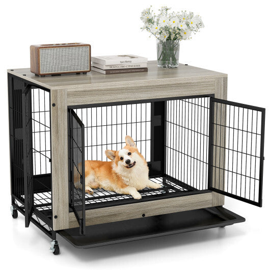 Industrial Dog Kennel with Flip-up Top 3 Lockable Doors and Removable Tray-Rustic Brown