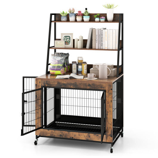 Industrial Dog Kennel Dog Crate Furniture with Storage Shelves-Gray