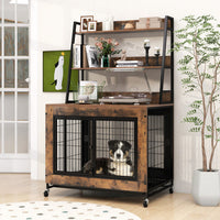 Industrial Dog Kennel Dog Crate Furniture with Storage Shelves-Gray