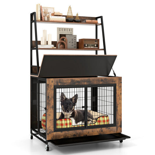Industrial Dog Kennel Dog Crate Furniture with Storage Shelves-Gray
