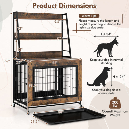 Industrial Dog Kennel Dog Crate Furniture with Storage Shelves-Gray