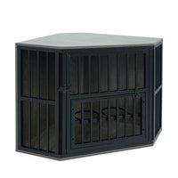 35.5 inches Wooden Dog Kennel End Table with 3-Position Dog Bowl Rack-Oak