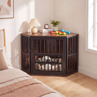 35.5 inches Wooden Dog Kennel End Table with 3-Position Dog Bowl Rack-Oak
