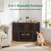 35.5 inches Wooden Dog Kennel End Table with 3-Position Dog Bowl Rack-Oak