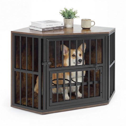 35.5 inches Wooden Dog Kennel End Table with 3-Position Dog Bowl Rack-Oak