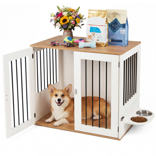 31.5" Dog Crate Furniture Wooden Dog Kennel with Double Lock Doors-White