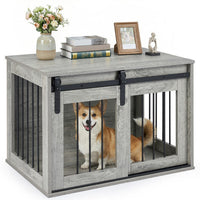 Dog Crate Furniture Heavy Duty Dog Kennel with Sliding Barn Door-Gray
