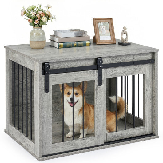 Dog Crate Furniture Heavy Duty Dog Kennel with Sliding Barn Door-Gray