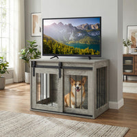 Dog Crate Furniture Heavy Duty Dog Kennel with Sliding Barn Door-Gray
