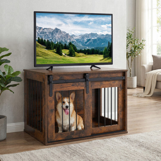Dog Crate Furniture Heavy Duty Dog Kennel with Sliding Barn Door-Gray