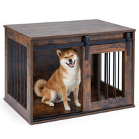 Dog Crate Furniture Heavy Duty Dog Kennel with Sliding Barn Door-Gray