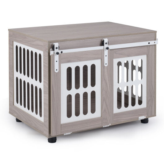 Dog Crate Furniture with Sliding Barn Door for Small Medium Dogs-Gray