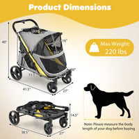220 LBS Heavy Duty Dog Stroller for Large and Medium Dogs with One-Step Foot Brake and Top & Front Windows-Yellow