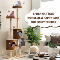 6-Tier Wooden Cat Tree with 2 Removeable Condos Platforms and Perch-Brown