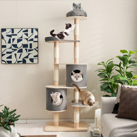 6-Tier Wooden Cat Tree with 2 Removeable Condos Platforms and Perch-Brown