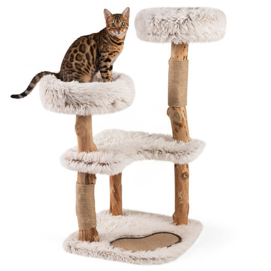 40" Modern Cat Tree Tower with Luxury Real Wood Natural Branch and 2 Padded Perches for Pets-White