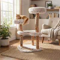 40" Modern Cat Tree Tower with Luxury Real Wood Natural Branch and 2 Padded Perches for Pets-White