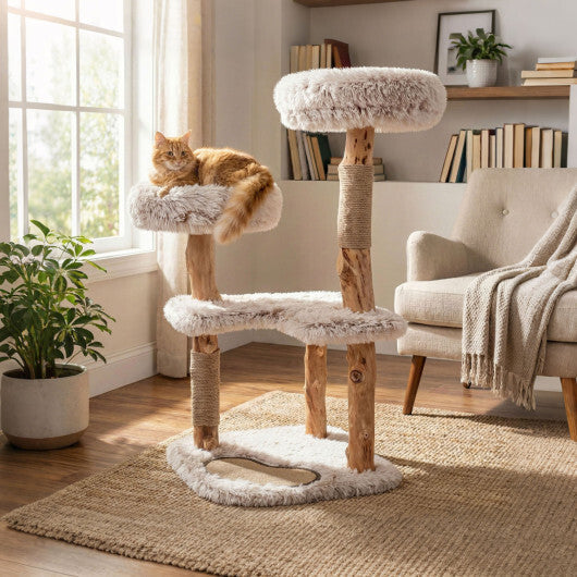 40" Modern Cat Tree Tower with Luxury Real Wood Natural Branch and 2 Padded Perches for Pets-White