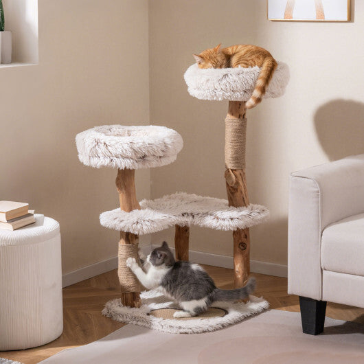 40" Modern Cat Tree Tower with Luxury Real Wood Natural Branch and 2 Padded Perches for Pets-White
