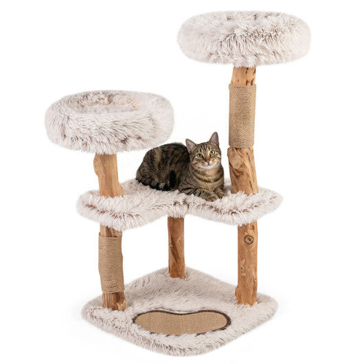 40" Modern Cat Tree Tower with Luxury Real Wood Natural Branch and 2 Padded Perches for Pets-White