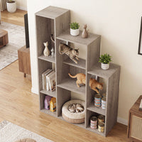 Modern Cat Bookshelf Cat Tree 8-Section Storage Cabinet with 2 Round Holes-Gray Oak