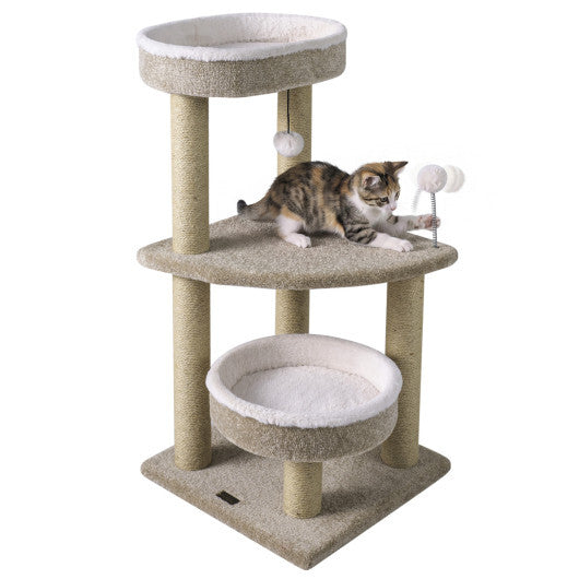 36" Carpeted Cat Tree with Plush Perches  Scratching Posts and Dangling Ball