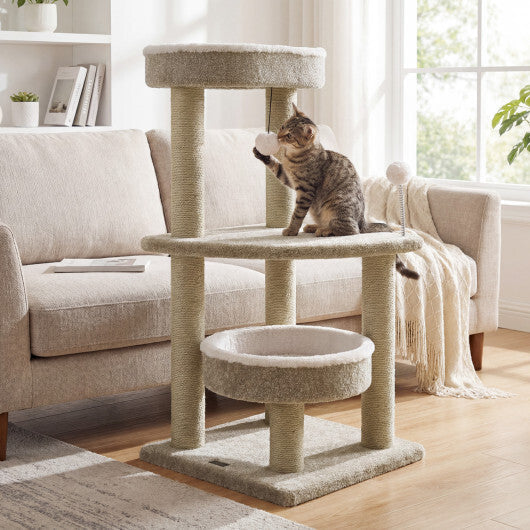 36" Carpeted Cat Tree with Plush Perches  Scratching Posts and Dangling Ball