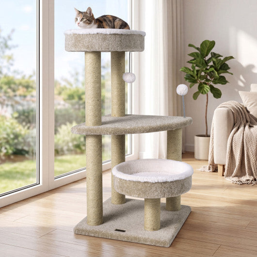 36" Carpeted Cat Tree with Plush Perches  Scratching Posts and Dangling Ball