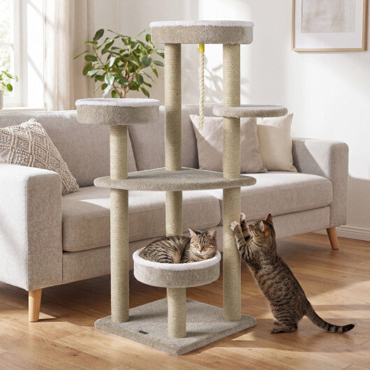 51"Carpeted Cat Tree with Comfy Plush Perches for Indoor Cats-Beige