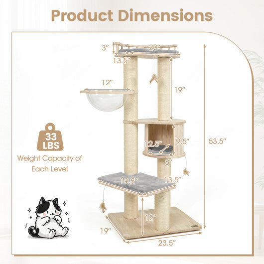 Cat Tree for Indoor Kittens  with Top Perch Condo Space and 3 Hanging Feather Toys-Gray