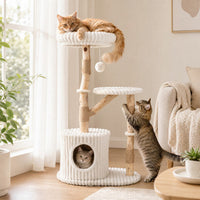 Solid Wood Cat Tree 41 Inch with Real Branches & Scratching Posts and Cozy Bed-Beige