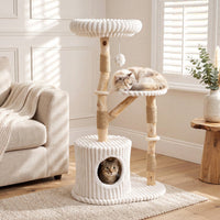 Solid Wood Cat Tree 41 Inch with Real Branches & Scratching Posts and Cozy Bed-Beige
