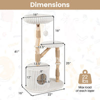 Solid Wood Cat Tree 41 Inch with Real Branches & Scratching Posts and Cozy Bed-Beige