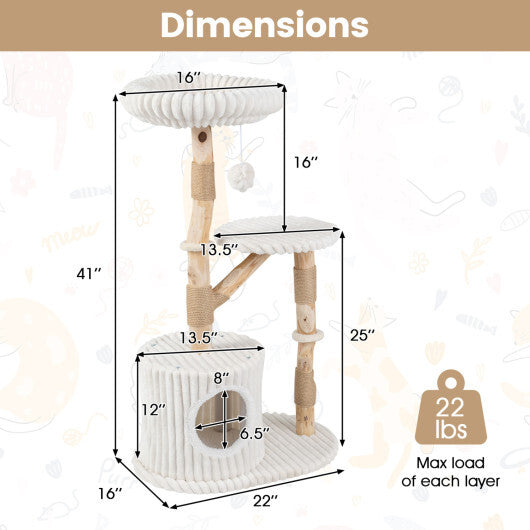 Solid Wood Cat Tree 41 Inch with Real Branches & Scratching Posts and Cozy Bed-Beige