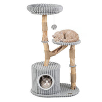 Solid Wood Cat Tree 41 Inch with Real Branches & Scratching Posts and Cozy Bed-Beige