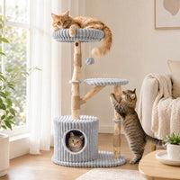 Solid Wood Cat Tree 41 Inch with Real Branches & Scratching Posts and Cozy Bed-Beige