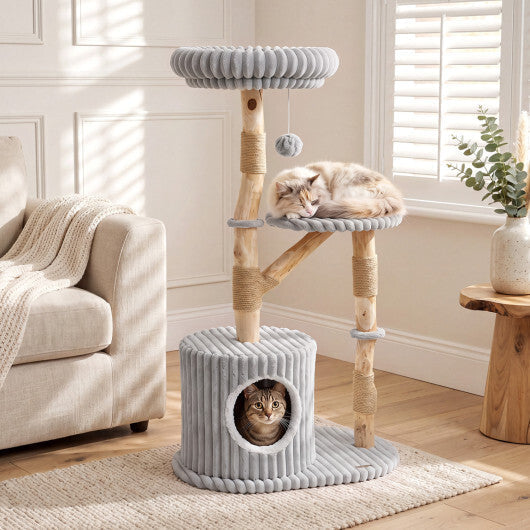 Solid Wood Cat Tree 41 Inch with Real Branches & Scratching Posts and Cozy Bed-Beige